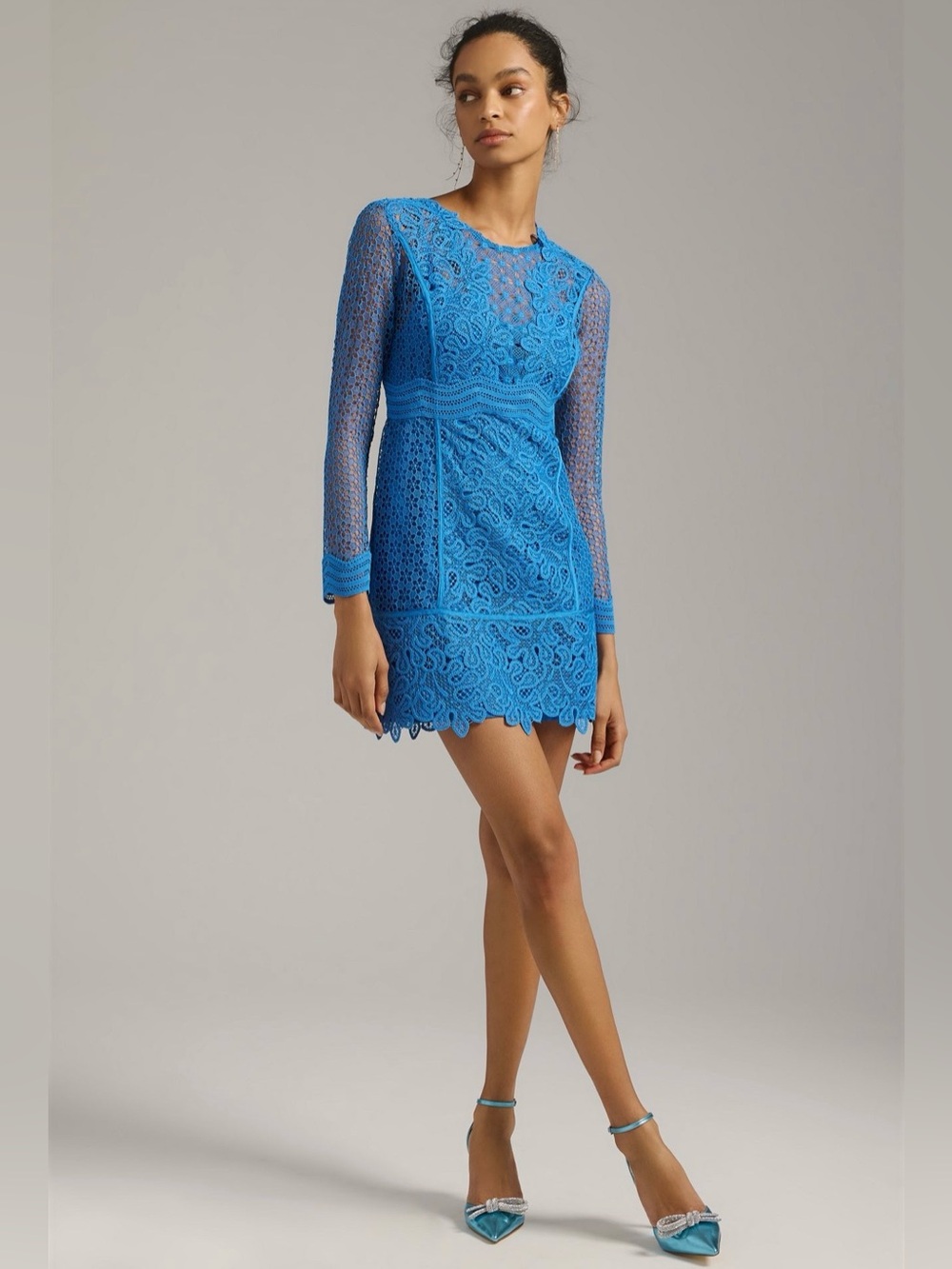 By Anthropologie Sheer Lace Mini Dress Blue Lace Size 12 NWT